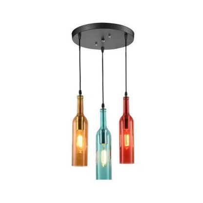 Industrial Bar Pendant Lamp with Wine Bottle Glass Shade - 3-Light Hanging Light, Black, Round/Linear Canopy