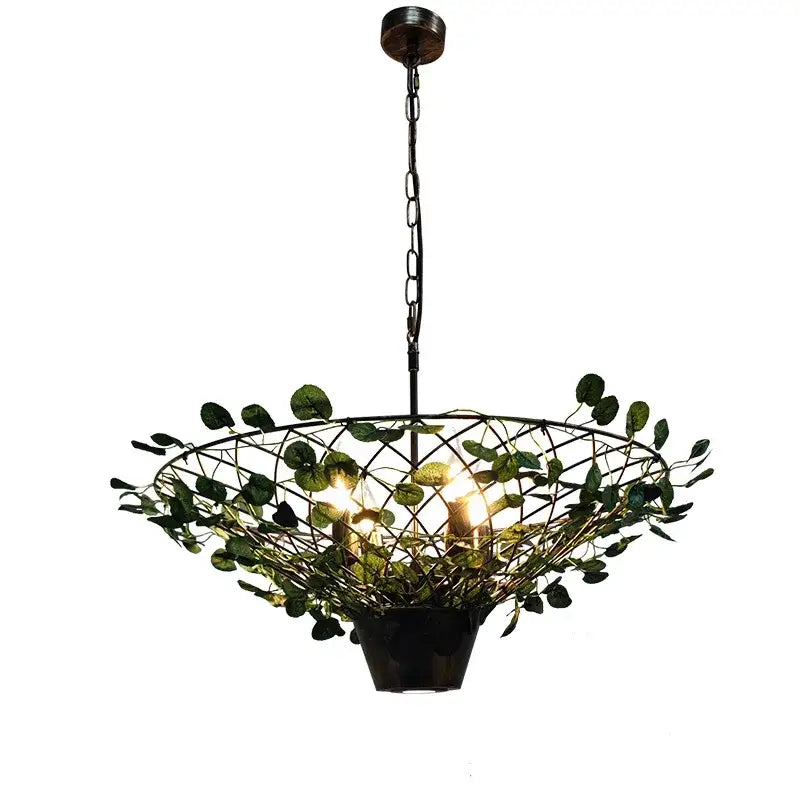 Dark bronze metal pendant light with woven wire frame green leaves and three candle bulbs for industrial barbecue restaurant decorbites