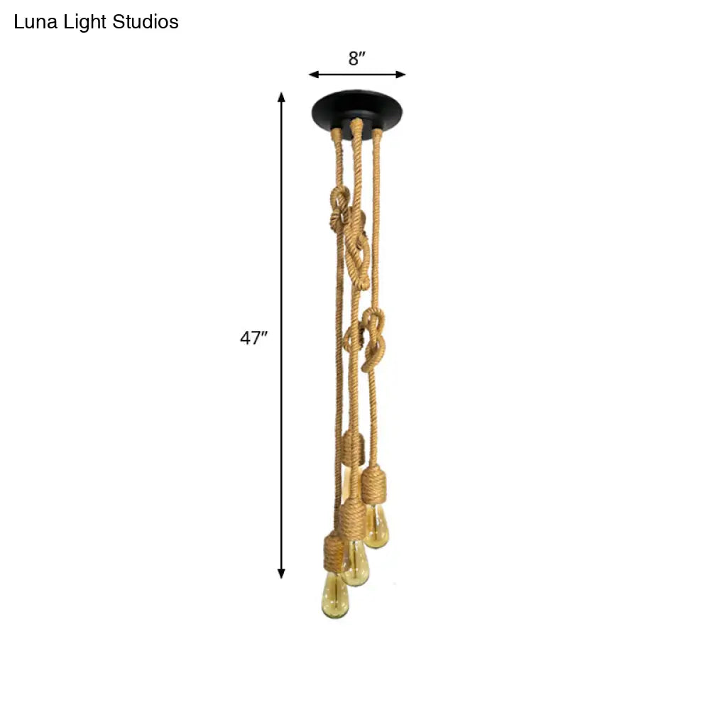 Industrial Bare Bulb Pendant Light - 4 Heads Rope Hanging Ceiling Lamp in Beige with Knots Design