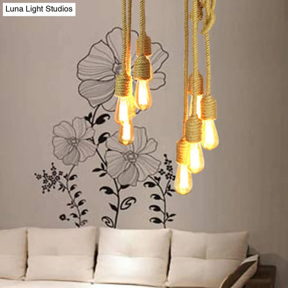 Industrial Bare Bulb Pendant Light - 4 Heads Rope Hanging Ceiling Lamp in Beige with Knots Design