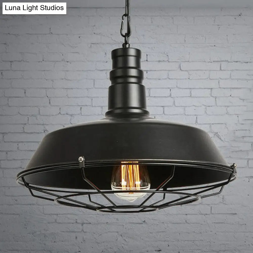 Industrial Barn Metal Suspension Lighting - 1 Head Dining Room Hanging Lamp with Tapered Cage Guard