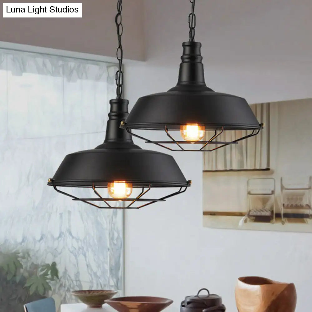 Industrial Barn Metal Suspension Lighting - 1 Head Dining Room Hanging Lamp with Tapered Cage Guard