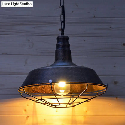 Industrial Barn Metal Suspension Lighting - 1 Head Dining Room Hanging Lamp with Tapered Cage Guard