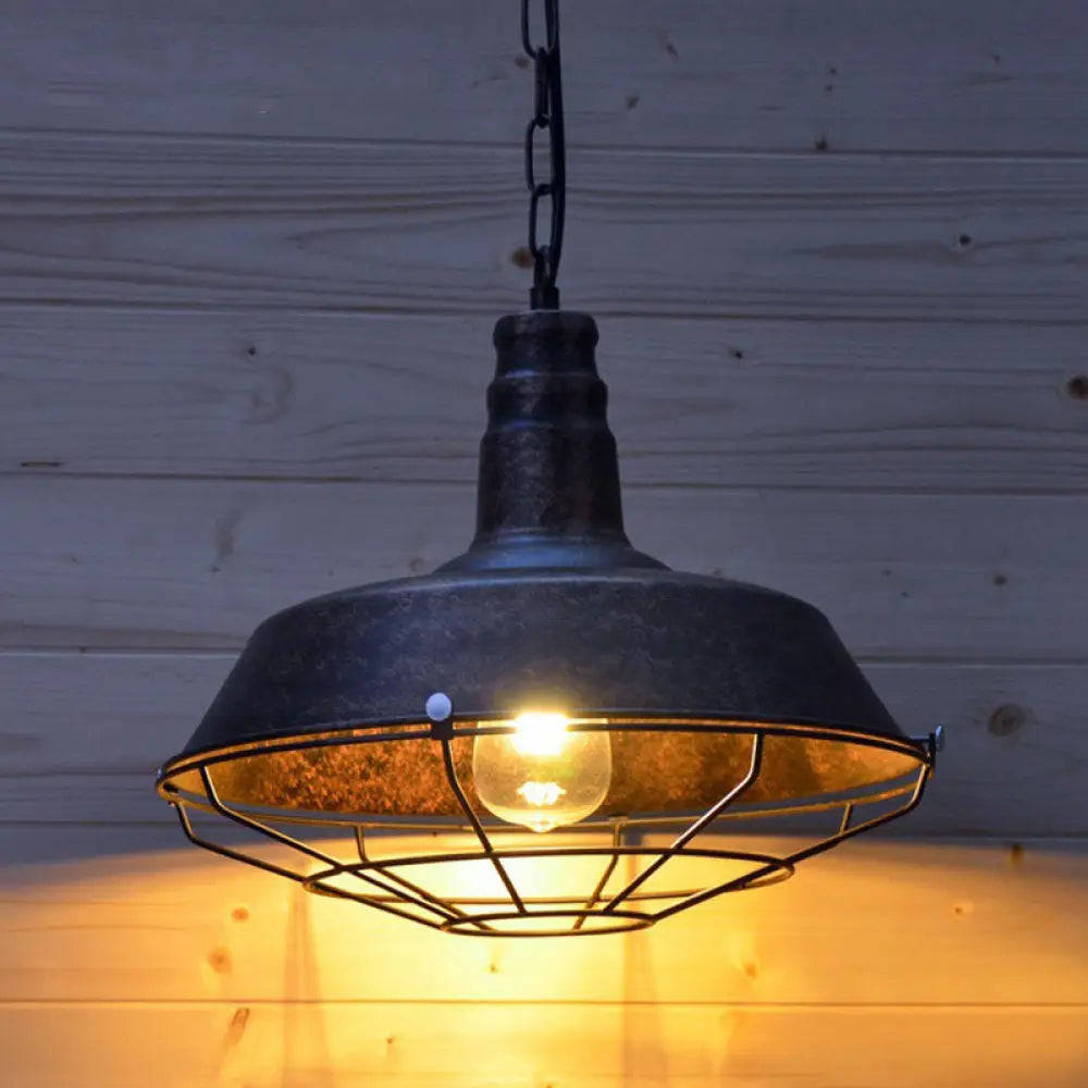 Industrial Barn Metal Suspension Lighting - 1 Head Dining Room Hanging Lamp with Tapered Cage Guard