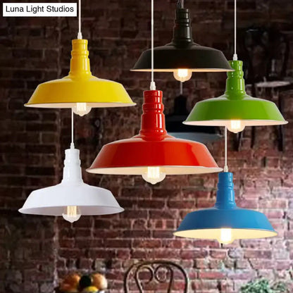 Industrial Barn Shade Pendant Lamp with Rolled-Trim Head - Red/Yellow/White Finish