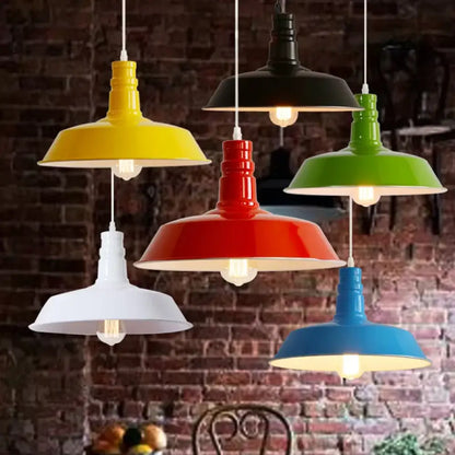 Industrial Barn Shade Pendant Lamp with Rolled-Trim Head - Red/Yellow/White Finish