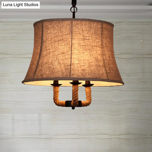 Industrial Beige Chandelier Light with Multi Lights & Fabric Dome Shade - Ceiling Pendant Fixture with Hemp Rope