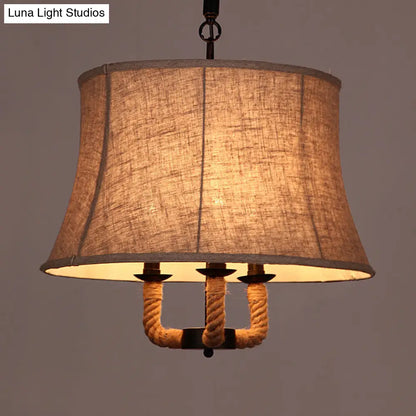Industrial Beige Chandelier Light with Multi Lights & Fabric Dome Shade - Ceiling Pendant Fixture with Hemp Rope