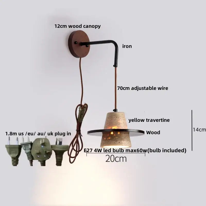 Industrial beige concrete wall lamp with 12cm wood canopy black iron arm and yellow travertine shade decorbites led wall lamp