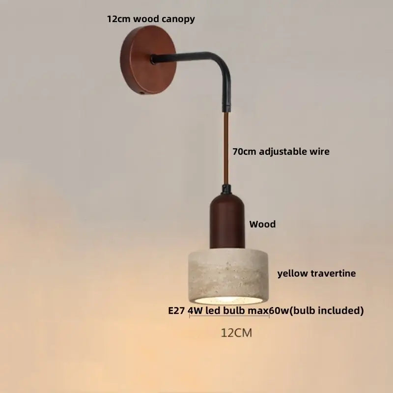 A rustic beige concrete wall lamp with a 12cm wood canopy and yellow travertine stone shade by decorbites led wall lamp