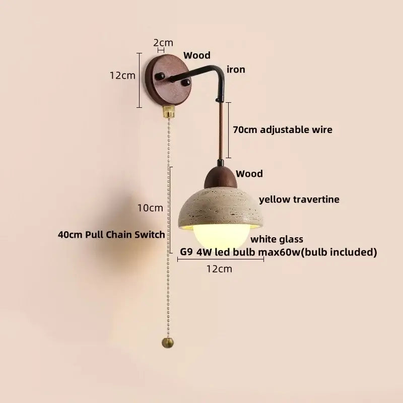 Rustic beige concrete wall lamp with wooden base iron arm and yellow travertine shade decorbites led wall lamp