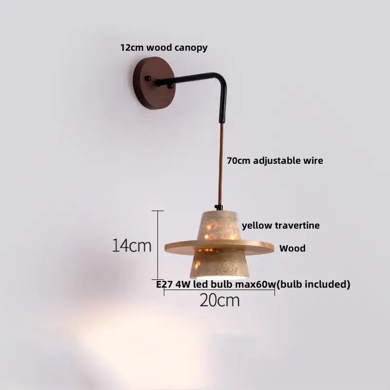 Rustic wall lamp with 12cm wood canopy, adjustable wire arm, yellow travertine wooden shade for decorbites led wall use