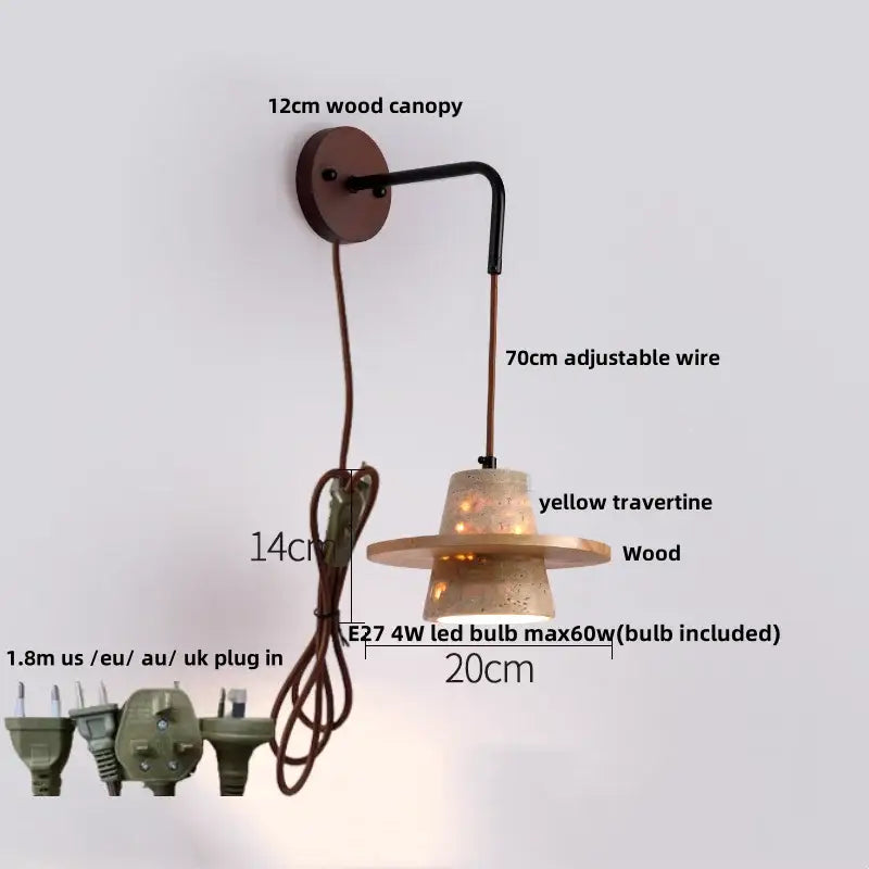 A rustic yellow travertine wood pendant light with 12cm wooden canopy and adjustable wire for decorbites led wall lamp