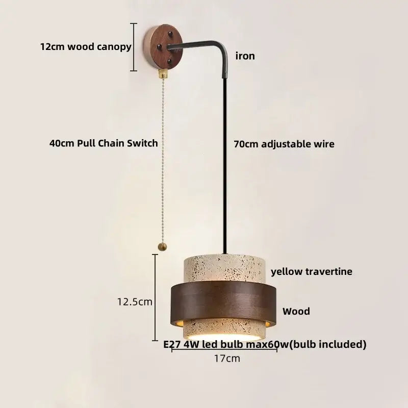 Industrial beige concrete wall lamp with 12cm wood canopy, black iron arm, layered travertine and wood shades decorbites led wall