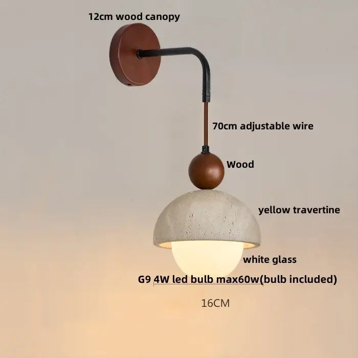 Industrial beige concrete wall lamp with 12cm wood canopy black metal arm and yellow travertine shade decorbites led wall lamp