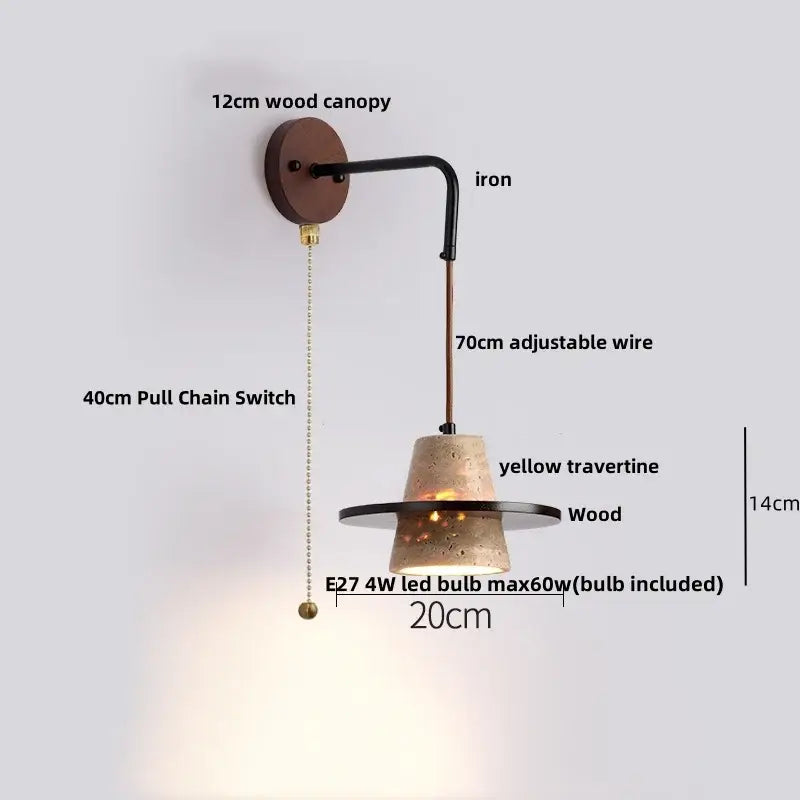 Industrial beige concrete wall lamp with yellow travertine shade wood canopy and black iron arm decorbites led wall lamp