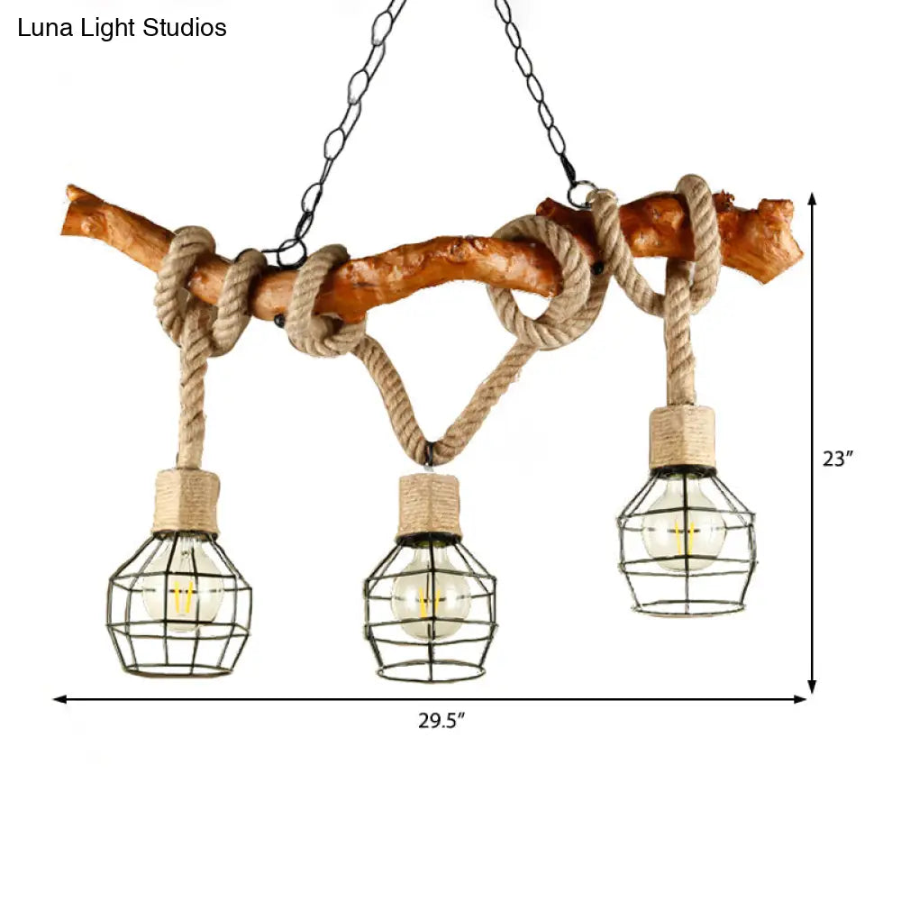 DecorBites™ Industrial Beige Metal and Rope Pendant Light Fixture - 3-Light Caged Bubble Island Lamp