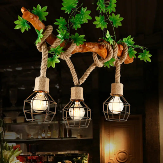 DecorBites™ Industrial Beige Metal and Rope Pendant Light Fixture - 3-Light Caged Bubble Island Lamp