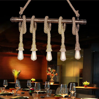 DecorBites™ Industrial Beige Metal Island Pendant Light for Dining Room with Rope Accent - 3/5 Heads Open Bulb, Warehouse Style