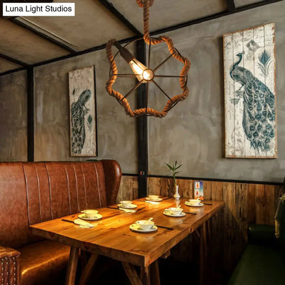 Industrial Beige Pendant Light: Metal & Rope Hanging Lamp for Dining Room