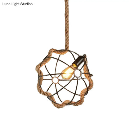 Industrial Beige Pendant Light: Metal & Rope Hanging Lamp for Dining Room