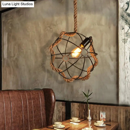 Industrial Beige Pendant Light: Metal & Rope Hanging Lamp for Dining Room