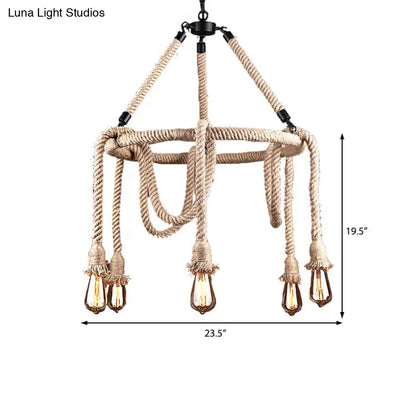 Industrial Beige Rope Chandelier - Exposed Bulbs, 6/8 Lights - Ideal for Dining Room