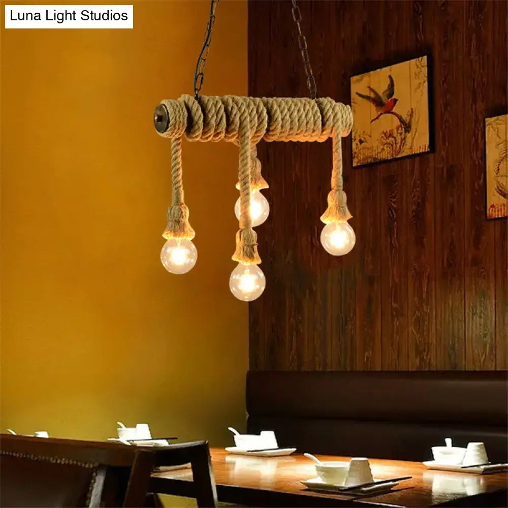 Decorbites industrial style hanging island light beige coiled rope chandelier with three exposed bulbs for dining room