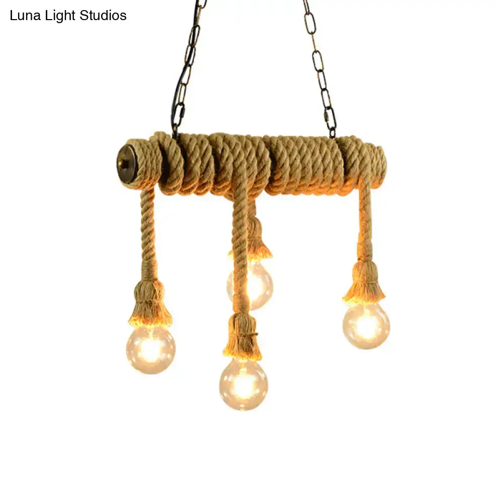DecorBites™ industrial style beige hanging island light with rope and four glowing bulbs for dining room use