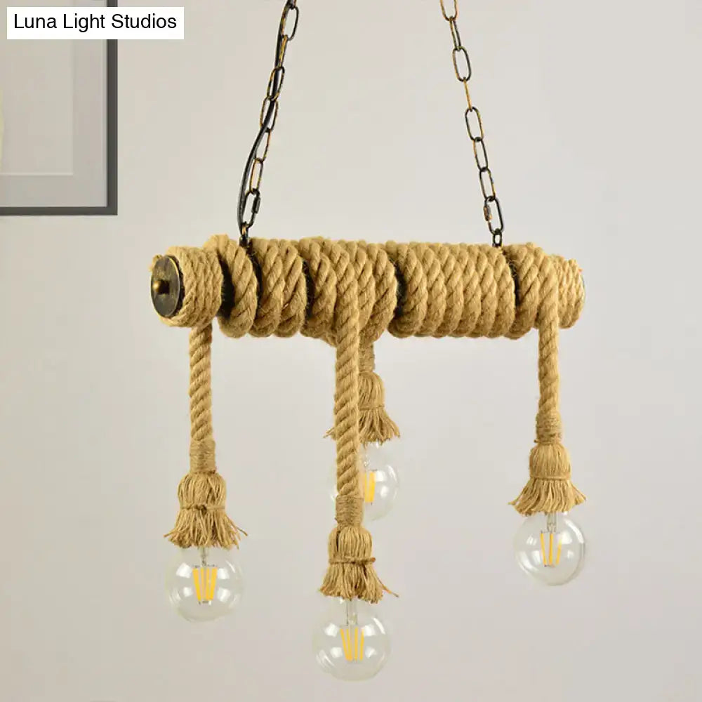 Decorbites industrial style hanging island light with beige rope and four clear glass bulbs for dining room use