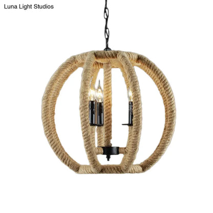 Industrial Beige Rope Pendant Light Fixture - 3-Light Globe Chandelier for Dining Room