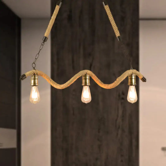 Industrial beige rope pendant light with exposed bulbs and brass fixtures for dining room lighting