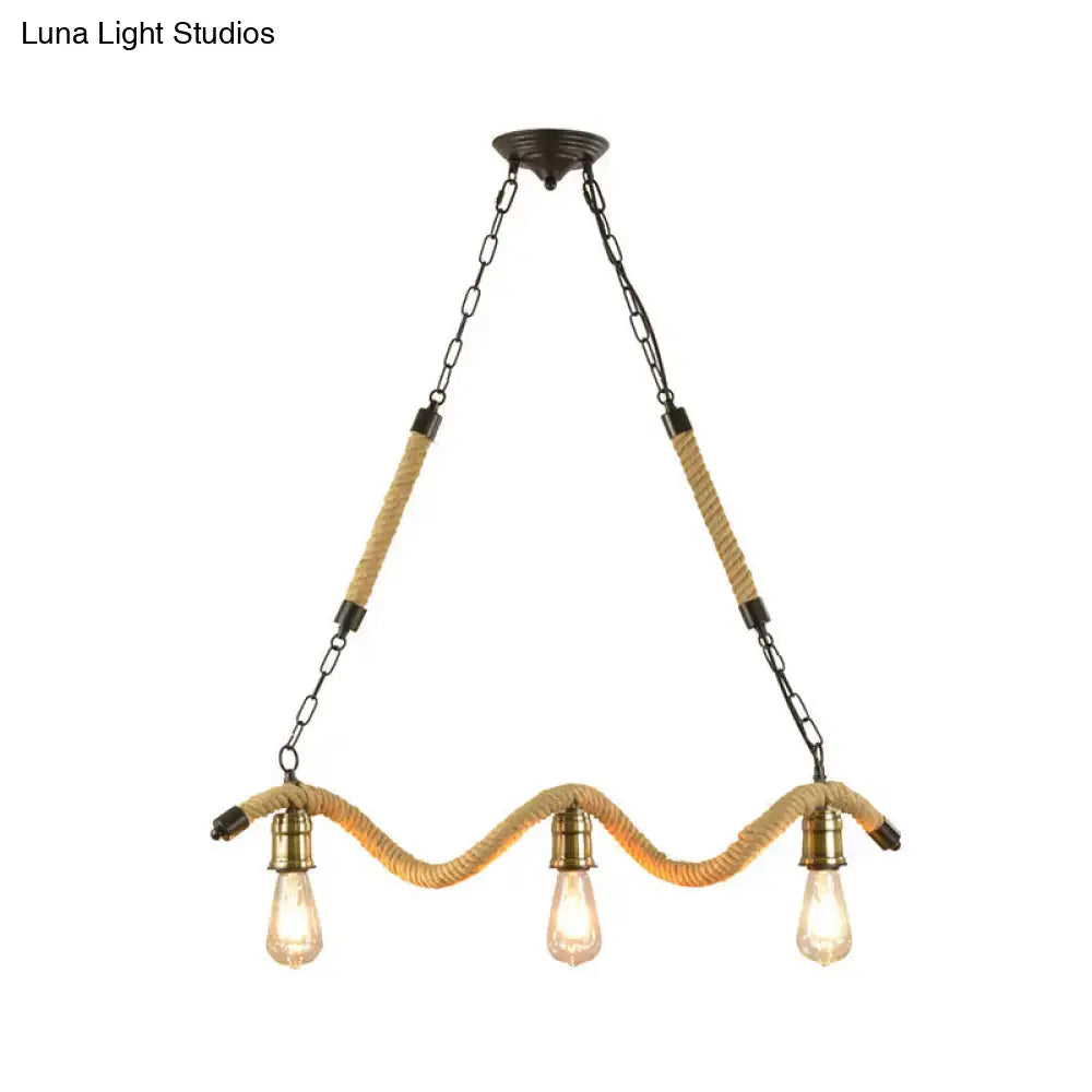 Rustic industrial beige rope pendant light with three exposed bulbs black metal chains for dining room use