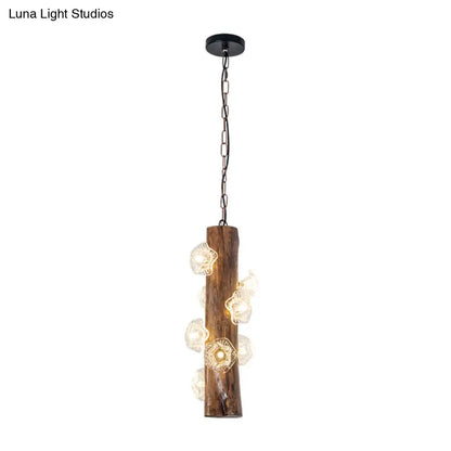 Industrial Beige Wood Chandelier - 8 Heads; Flared Restaurant Suspension Lamp