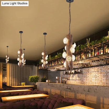 Industrial Beige Wood Chandelier - 8 Heads; Flared Restaurant Suspension Lamp