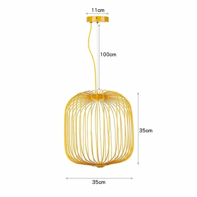 A modern yellow wireframe decorbites industrial birdcage iron pendant light with spherical cage design and ceiling mount