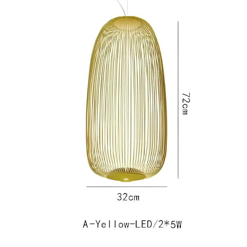 Golden woven pendant light with sleek elongated oval shape and vertical slats for decorbites industrial birdcage iron table