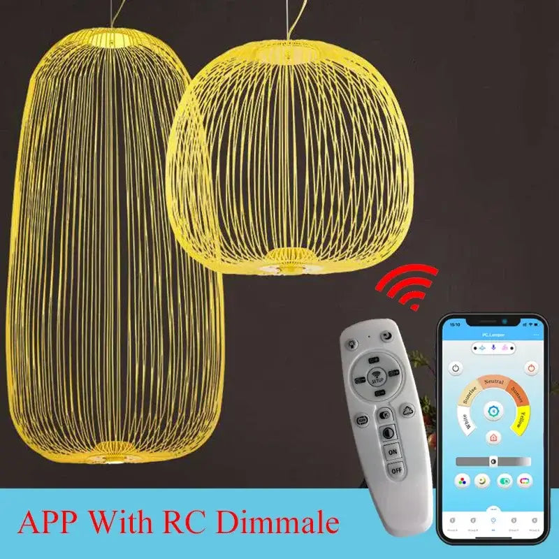 Two glowing yellow pendant lights with woven wireframe design featuring app and remote control smart lighting decorbites industrial birdcage iron table