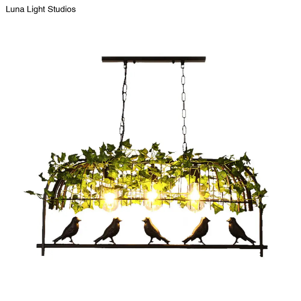 DecorBites™ Industrial Birdcage Island Ceiling Light with Plant Decoration – 3 Black Metal Hanging Lights