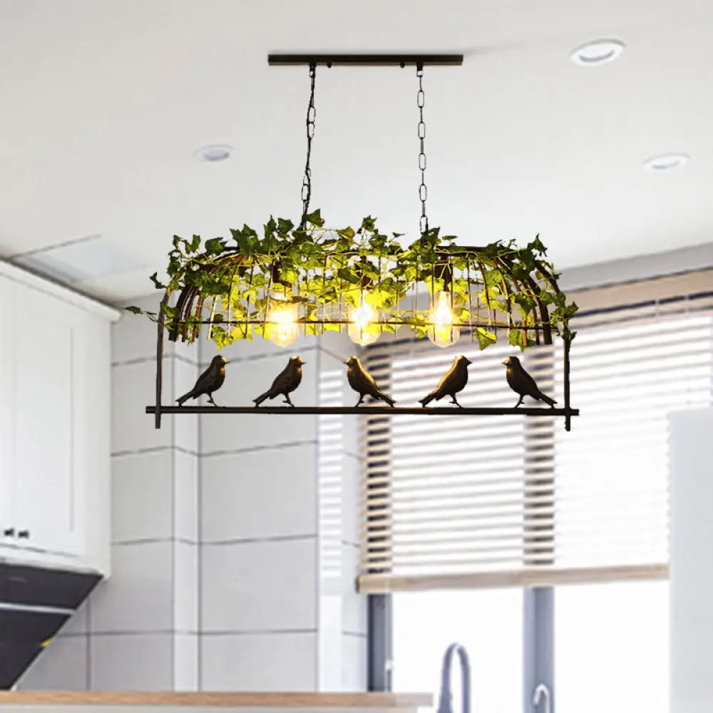 DecorBites™ Industrial Birdcage Island Ceiling Light with Plant Decoration – 3 Black Metal Hanging Lights
