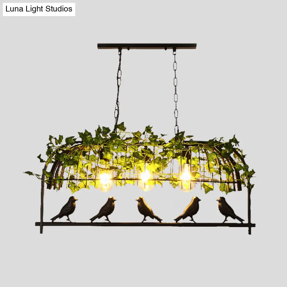 DecorBites™ Industrial Birdcage Island Ceiling Light with Plant Decoration – 3 Black Metal Hanging Lights