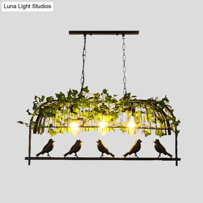 DecorBites™ Industrial Birdcage Island Ceiling Light with Plant Decoration – 3 Black Metal Hanging Lights