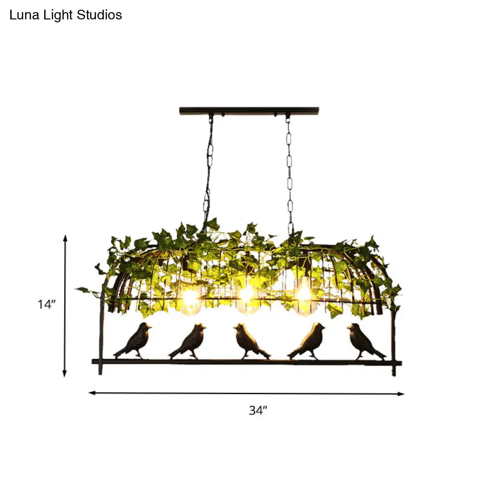 DecorBites™ Industrial Birdcage Island Ceiling Light with Plant Decoration – 3 Black Metal Hanging Lights
