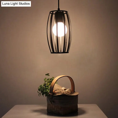 Industrial Bistro Cage Pendant Lamp - Black Barrel Shape, Hanging Lighting, Suspension Design