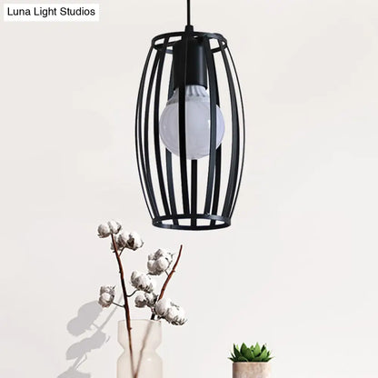 Industrial Bistro Cage Pendant Lamp - Black Barrel Shape, Hanging Lighting, Suspension Design