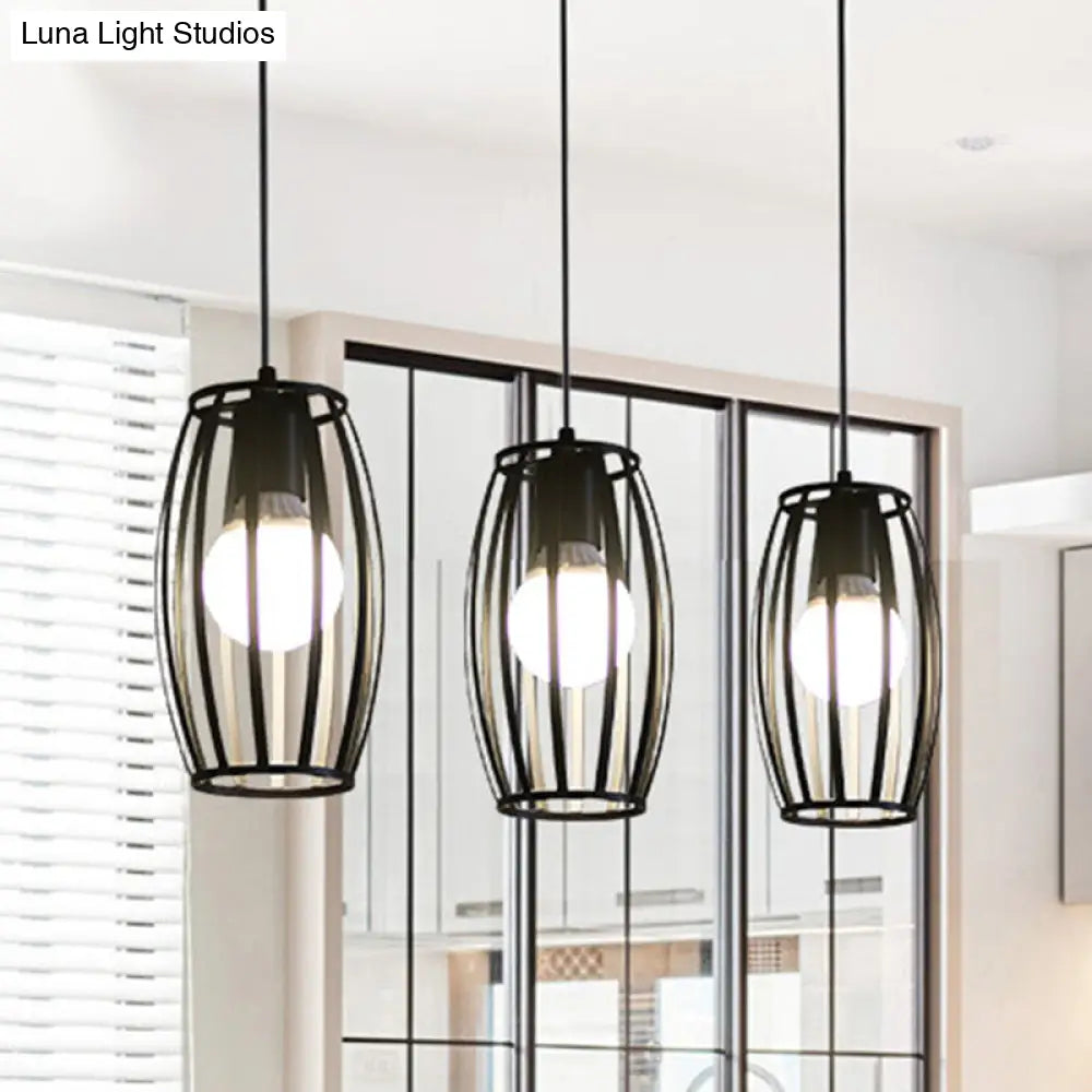 Industrial Bistro Cage Pendant Lamp - Black Barrel Shape, Hanging Lighting, Suspension Design