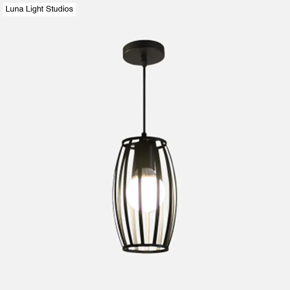 Industrial Bistro Cage Pendant Lamp - Black Barrel Shape, Hanging Lighting, Suspension Design