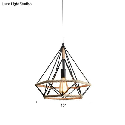 Industrial Bistro Hanging Lamp - Single Bulb Drop Pendant with Diamond Roped Cage in Black - 10"/15"/18" Width