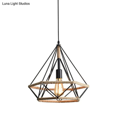 Industrial Bistro Hanging Lamp - Single Bulb Drop Pendant with Diamond Roped Cage in Black - 10"/15"/18" Width