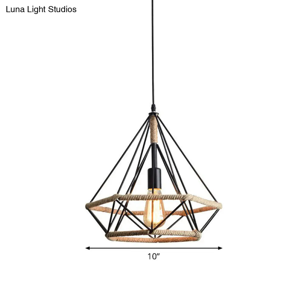 Industrial Bistro Hanging Lamp - Single Bulb Drop Pendant with Diamond Roped Cage in Black - 10"/15"/18" Width